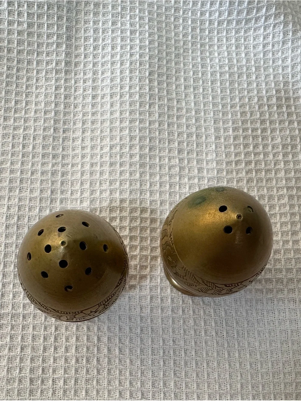 Vintage Hand-Etched Brass Egg Shaker Set - Peshawar Pakistan - Ganibeg Signed